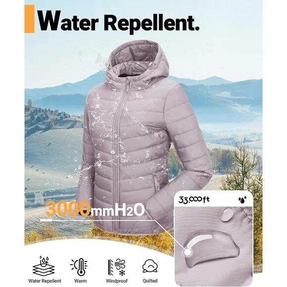 Women's Quilted Hooded Puffer Jacket Coat Pinkish Gray Lightweight Packable - Picture 6 of 7